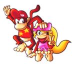  barefoot blonde_hair brown_fur chelostracks clothing diddy_kong dixie_kong donkey_kong_(series) duo female fur green_eyes hair happy hat long_hair male mammal monkey nintendo one_eye_closed open_mouth primate sitting smile soles toes video_games wink 
