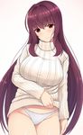  breasts brown_hair clothes_lift fate/grand_order fate_(series) groin highres large_breasts lifted_by_self looking_at_viewer mizunashi_kenichi no_pants panties red_eyes ribbed_sweater scathach_(fate)_(all) scathach_(fate/grand_order) shiny shiny_skin simple_background smile solo sweater sweater_lift turtleneck underwear white_background 