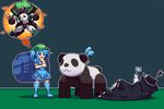 backpack bag blue_eyes blue_footwear blue_hair boots cape flag hair_bobbles hair_ornament hat imagining kawashiro_nitori key knee_boots mecha migel_futoshi multiple_girls open_mouth panda pixel_art rubber_boots simple_background smile touhou twintails two_side_up usami_sumireko white_flag 