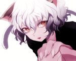  androgynous animal_ears bangs cat_ears cat_tail collarbone curly_hair eyebrows eyebrows_visible_through_hair eyelashes fingernails gradient_hair hair_between_eyes hand_on_own_knee hunter_x_hunter long_fingernails maruino multicolored_hair neferpitou orange_eyes parted_lips red_lips sharp_fingernails short_hair silver_hair simple_background slit_pupils solo tail wet wet_hair white_background 