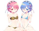  animal_print bikini blue_eyes blue_hair blush breasts collarbone cosplay hair_over_one_eye hair_tie head_tilt headdress highleg highleg_bikini highleg_swimsuit lum lum_(cosplay) maid_headdress multiple_girls namesake navel pink_eyes pink_hair pun ram_(re:zero) re:zero_kara_hajimeru_isekai_seikatsu rem_(re:zero) short_hair siblings simple_background sisters small_breasts swimsuit tiger_print twins underboob urusei_yatsura white_background yasuyuki 