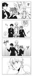  2boys ahoge blush closed_eyes comic command_spell earrings fate/grand_order fate/stay_night fate_(series) finger_gun formal fujimaru_ritsuka_(female) fujimaru_ritsuka_(male) gilgamesh greyscale hair_tie jewelry long_sleeves misuko_(sbelolt) monochrome multiple_boys necklace necktie open_mouth ponytail short_hair suit sunglasses translated 