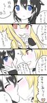  4koma :d @_@ black_hair blonde_hair blue_eyes comic commentary_request fang fingerless_gloves gloves highres kantai_collection kiss kiss_day multiple_girls open_mouth red_eyes remodel_(kantai_collection) shichimi_(sianekolove) shigure_(kantai_collection) smile translated yuri yuudachi_(kantai_collection) 