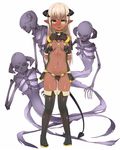  blonde_hair breasts brll cameltoe dark_skin demon_girl demon_tail full_body horns long_hair monocle navel pointy_ears simple_background skeleton small_breasts solo tachi-e tail thighs tokyo_tenma white_background 