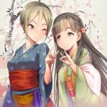  black_eyes black_hair blonde_hair cherry_blossoms fox_shadow_puppet green_kimono hagoromo_komachi_(idolmaster) hair_ornament idolmaster idolmaster_cinderella_girls japanese_clothes kimono kobayakawa_sae long_hair looking_at_viewer multiple_girls one_eye_closed sash shiomi_shuuko shizuru_(daikoukaizidai) short_hair smile wide_sleeves 