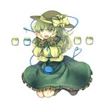  blouse boots folded_leg green_eyes green_hair hat hat_ribbon head_in_hand heart heart_of_string jar komeiji_koishi long_sleeves looking_to_the_side open_mouth ribbon sasanagima_itoguchi short_hair simple_background skirt solo spoon third_eye touhou white_background 