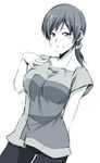  arm_behind_back blush breasts greyscale hagane_soushi hand_on_own_chest idolmaster idolmaster_cinderella_girls large_breasts long_hair looking_at_viewer monochrome nitta_minami ponytail scrunchie short_sleeves simple_background sketch smile solo white_background 