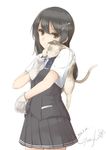  2016 animal animal_on_shoulder artist_name black_eyes black_hair buttons cat cat_on_shoulder closed_eyes dated from_side gloves gurifu hair_ornament hairclip kantai_collection long_hair oyashio_(kantai_collection) pleated_skirt school_uniform shirt short_sleeves signature simple_background skirt smile solo vest white_background white_gloves white_shirt 