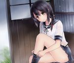  bangs black_hair bow braid brown_eyes commentary_request hair_between_eyes hair_bow hair_over_shoulder highres isonami_(kantai_collection) kantai_collection looking_at_viewer neit_ni_sei pleated_skirt rain school_uniform serafuku shelter sitting skirt smile socks solo wet wet_clothes 