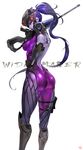  absurdres ass back_tattoo bodysuit boots breasts elbow_gloves from_behind gloves gun hand_on_hip head_mounted_display highres knee_boots long_hair looking_back medium_breasts overwatch pink_bodysuit ponytail purple_skin rifle sniper_rifle solo spider_tattoo tattoo thighs very_long_hair visor weapon widowmaker_(overwatch) yang-do yellow_eyes 