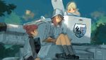  3girls aki_(girls_und_panzer) arm_support artist_name blonde_hair blurry blush brown_eyes brown_hair bt-42 closed_eyes cloud commentary dated day emblem girls_und_panzer ground_vehicle hat head_rest instrument kantele keizoku_(emblem) keizoku_military_uniform keizoku_school_uniform long_hair looking_at_another mika_(girls_und_panzer) mikko_(girls_und_panzer) military military_uniform military_vehicle motor_vehicle multiple_girls music on_vehicle playing_instrument profile short_hair short_twintails sitting sketch sky smile tank tommy830219 track_suit tree twintails uniform 