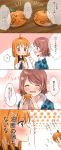  2girls 4koma :d :t ? ^_^ ahoge bangs blue_eyes blue_robe blush brown_hair bubble_background closed_eyes comic commentary_request drawing eyes_closed flying_sweatdrops food fruit fur_trim hair_ornament hairclip highres holding holding_food holding_fruit long_sleeves looking_at_another love_live! love_live!_sunshine!! mandarin_orange minori_748 multiple_girls notice_lines object_to_cheek open_mouth orange_hair orange_robe red_eyes robe short_hair smile spoken_question_mark takami_chika translation_request watanabe_you yuri 