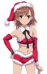  absurdres bra breasts brown_eyes brown_hair collarbone detached_sleeves hair_ornament hand_on_hip hat highres looking_at_viewer misaka_mikoto red_bra red_hat red_shorts santa_costume santa_hat short_shorts shorts simple_background small_breasts smile solo to_aru_kagaku_no_railgun to_aru_majutsu_no_index underwear vector_trace white_background 