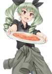  anchovy anzio_military_uniform black_neckwear black_ribbon black_shirt clothes_around_waist collared_shirt cowboy_shot drill_hair eyebrows eyebrows_visible_through_hair food foreshortening girls_und_panzer green_hair hair_ribbon holding holding_plate jacket_around_waist military military_uniform miri_(ago550421) necktie open_mouth outstretched_arms pasta plate red_eyes ribbon round_teeth shirt signature simple_background solo spaghetti standing teeth tsurime twin_drills twintails uniform white_background wing_collar 