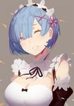  :d bare_shoulders blue_hair breasts brown_background cleavage cleavage_cutout closed_eyes detached_sleeves dress hair_ornament hair_over_one_eye hair_ribbon hairband hairclip large_breasts maid nanaya_(daaijianglin) open_mouth parted_lips re:zero_kara_hajimeru_isekai_seikatsu red_ribbon rem_(re:zero) ribbon short_hair simple_background sleeveless sleeveless_dress smile solo teeth upper_body white_dress x_hair_ornament 