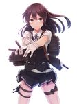  adjusting_clothes adjusting_gloves bangs belt black_hair bright_background brown_eyes brown_hair depth_charge gloves hair_ornament hairclip kantai_collection konnyaku_(kk-monmon) legs_apart long_hair looking_at_viewer machinery neck_ribbon oyashio_(kantai_collection) pleated_skirt ribbon school_uniform short_sleeves simple_background skirt solo thigh_strap turret vest white_background white_gloves 