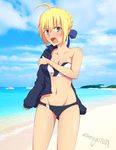  absurdres ahoge artist_name artoria_pendragon_(all) bare_arms bare_shoulders beach bikini black_jacket blonde_hair blue_bow blue_sky blurry blush bow breasts cloud collarbone day depth_of_field fate/stay_night fate_(series) green_eyes groin hair_ribbon highres horizon jacket medium_breasts navel ocean off_shoulder open_clothes open_jacket outdoors ribbon saber sand senringo1027 shore sky sleeves_past_wrists solo stomach striped striped_bikini summer sweatdrop swimsuit teardrop undressing water 