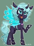 2016 absurd_res anibaruthecat changeling fan_character fangs female feral freckles hair hi_res holes horn my_little_pony open_mouth outside simple_background solo wings 