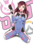  bangs ben-day_dots bodysuit breasts brown_hair bubble_blowing bunny chewing_gum covered_navel d.va_(overwatch) facial_mark finger_on_trigger gloves gun headphones holding holding_gun holding_weapon impossible_bodysuit impossible_clothes keychain long_hair looking_at_viewer medium_breasts overwatch pink_eyes screentones shiny shiny_clothes shiny_hair sieyarelow sitting skin_tight solo spread_legs wariza weapon whisker_markings 