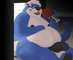  2016 anthro belly big_belly big_penis black_nipples black_nose black_penis blue_fur claws digital_media_(artwork) eating fangs food fridge fur green_eyes hair half-closed_eyes looking_at_viewer male mammal moobs multicolored_fur mustelid nipples nude open_mouth otter overweight overweight_male penis sitting solo teeth thick_penis thunper two_tone_fur white_fur white_hair zaine 