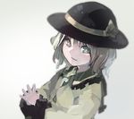  bad_id bad_twitter_id blush bow green_eyes grin hands_together hat hat_bow hat_ribbon ichiba_youichi komeiji_koishi long_sleeves looking_at_viewer ribbon short_hair silver_hair simple_background smile solo touhou upper_body white_background wide_sleeves 