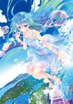  absurdres barefoot blue_dress blue_hair blush bubble closed_mouth cloud collarbone day dissolving dissolving_clothes dress dutch_angle full_body highres holding long_hair original outstretched_arm pink_eyes rainbow river scan shouna_mitsuishi sky smile solo sparkle sundress very_long_hair water 