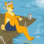  2011 absurd_res anthro bandanna black_nose canine clothed clothing digital_media_(artwork) dog eyebrows fishing floebean frown fur green_eyes hair hi_res hindpaw inner_ear_fluff male mammal orange_fur outside paws pier red_hair seaside shorts solo topless water worm 