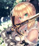  armor artoria_pendragon_(all) bangs bare_shoulders black_bow blonde_hair blurry bow caliburn covered_mouth depth_of_field detached_sleeves eyebrows eyebrows_visible_through_hair fate/stay_night fate/unlimited_codes fate_(series) feathers flower garden gauntlets green_eyes hair_between_eyes hair_bow highres holding holding_sword holding_weapon kaina_(tsubasakuronikuru) lily_(flower) long_hair looking_at_viewer ponytail saber saber_lily sidelocks solo sword upper_body weapon white_flower 