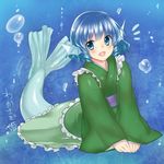  blue_eyes blue_hair blush bubble frills head_fins japanese_clothes kimono mermaid monrooru monster_girl open_mouth solo touhou wakasagihime wide_sleeves 