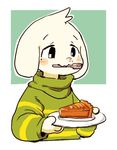  2016 anthro asriel_dreemurr caprine clothed clothing cute food fork fur goat item_in_mouth male mammal monster pie plate semi. simple_background solo undertale video_games white_fur 