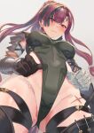  1girl adjusting_clothes adjusting_leotard ass_visible_through_thighs bandaged_arm bandages bangs bare_shoulders black_footwear black_gloves blush boots breasts closed_mouth covered_navel covered_nipples cross_scar eyebrows_visible_through_hair from_below gloves granblue_fantasy green_leotard grey_hair groin hair_between_eyes highleg highleg_leotard highres large_breasts leotard leotard_tug long_hair looking_at_viewer meg_(granblue_fantasy) multicolored_hair nuko_(mikupantu) pink_hair ponytail red_eyes scar simple_background single_glove solo streaked_hair sweat thigh_boots thigh_strap thighhighs thighs 