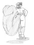  2015 anthro big_breasts big_tail bracelet breasts butt clothing eyewear female fluffy fluffy_tail glasses greyscale haley_maruti hand_on_hip high_heels huge_breasts jewelry mammal mature_female monochrome rear_view rodent shirt shorts smile solo squirrel wolfkidd 