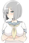 bad_id bad_nicoseiga_id blue_eyes blush breasts commentary_request crossed_arms eyes_visible_through_hair hair_ornament hair_over_one_eye hairclip hamakaze_(kantai_collection) impossible_clothes kantai_collection large_breasts looking_at_viewer masupa_kiriu no_gloves school_uniform serafuku short_hair short_sleeves silver_hair simple_background solo upper_body white_background 