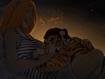  2016 anthro black_fur black_hair blonde_hair brown_fur clothed clothing cuddling digital_media_(artwork) duo english_text eyes_closed feline female fur hair lion male mammal multicolored_fur orange_fur signature sleeping smileeeeeee stripes text tiger white_fur 