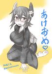  2016 alternate_costume bespectacled blush breasts dated ear fang glasses hair_between_eyes headgear japanese_clothes kantai_collection kimono large_breasts long_sleeves looking_at_viewer neriwasabi no_eyepatch open_mouth semi-rimless_eyewear short_hair sitting socks solo tenryuu_(kantai_collection) translated twitter_username wide_sleeves 