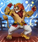  2016 abs anthro belt biceps big_muscles chest_tuft claws clothed clothing feline fur gnar_(lol) hair hi_res league_of_legends lion male mammal manly muscular muscular_male nipples open_mouth pecs shade_the_wolf smile solo standing teeth tongue topless tribal tuft video_games white_fur wrestler wrestling 