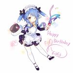  1girl animal_ears apron azur_lane bell black_dress blue_hair bow brown_eyes bunny_ears cake confetti dress food full_body hair_bow hair_ornament happy_birthday holding jingle_bell long_hair maid maid_headdress mary_janes minazuki_(azur_lane) one_eye_closed party_popper plate ribbon shoes smile solo sparkle standing standing_on_one_leg thighhighs tsukimi_(xiaohuasan) white_legwear 