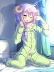  absurdres ahoge bangs bed bed_sheet blush breasts buttons cleavage collarbone collared_shirt curtains eyebrows eyebrows_visible_through_hair hair_between_eyes highres horns long_hair long_sleeves muraji0419 navel one_eye_closed open_mouth original pajamas pillow pom_pom_(clothes) purple_hair scrunchie sheep_horns shirt sitting small_breasts socks solo star sunlight unbuttoned window yellow_eyes 