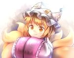  bangs blush eyebrows eyebrows_visible_through_hair fox_tail frills hands_in_opposite_sleeves hat lace-trimmed_hat long_sleeves minust multiple_tails ofuda own_hands_together pillow_hat smile solo tabard tail tassel touhou upper_body white_background wide_sleeves yakumo_ran yellow_eyes younger 