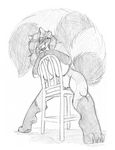  2016 anthro big_breasts big_tail breast_squish breasts chair claws connie_(bennie_tiger) convenient_censorship female fluffy fluffy_tail gloves_(marking) hair hair_over_eye huge_breasts inner_ear_fluff looking_at_viewer mammal markings monochrome nude pawpads pussy raccoon raised_tail ringed_tail smile socks_(marking) solo spread_legs spreading toe_claws wolfkidd 