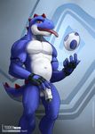  avoid_posting balls blue_scales grin male mario_bros muscular navel nintendo penis precum scales scalie teeth todex tongue tongue_out video_games white_scales yoshi 