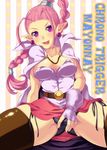  braid breasts bulge cape chrono_trigger cleavage earrings enoo fang flea_(chrono_trigger) gloves jewelry large_breasts long_hair open_mouth pink_hair pointy_ears ponytail red_hair single_braid solo 
