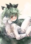  anchovy bow bra breasts brown_eyes girls_und_panzer green_hair ground_vehicle hair_bow large_breasts looking_back military military_vehicle motor_vehicle pantyhose see-through shirt solo tank twintails underwear white_legwear yohane 