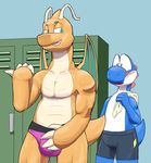  blue_scales blush boxers_(clothing) briefs brown_scales bulge clothing dragonite hi_res locker_room male male/male mario_bros mostly_nude nintendo pok&eacute;mon scales scalie tala128 towel underwear video_games yoshi 