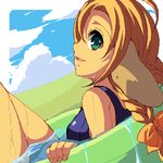  animal_ears blonde_hair bow braid day enoo green_eyes hair_bow long_hair looking_at_viewer lowres mariel_(wild_arms) oekaki open_mouth orange_bow profile school_swimsuit sky smile solo swimsuit water wet wild_arms wild_arms_1 