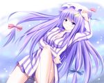  :o absurdres ass_visible_through_thighs bangs blush bow breasts crescent crescent_hair_ornament hair_bow hair_ornament hat hat_ribbon highres hyurasan large_breasts long_hair long_sleeves low-tied_long_hair lying mob_cap pajamas patchouli_knowledge purple_eyes purple_hair ribbon solo striped touhou very_long_hair 