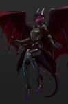  2016 akitary anthro armor blue_eyes demalyx digital_media_(artwork) dragon eyewear female flying front_view glasses grey_background hair horn looking_at_viewer melee_weapon membranous_wings multicolored_hair multicolored_scales pink_hair pink_scales red_hair red_scales red_wings scales scalie shiny simple_background solo spread_wings sword two_tone_hair two_tone_scales weapon wings 