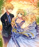  1girl ahoge artoria_pendragon_(all) bad_id bad_pixiv_id blonde_hair blue_dress blue_neckwear breasts cleavage collarbone dress ells fate/stay_night fate_(series) flower gilgamesh green_eyes hair_flower hair_ornament highres holding_hands long_hair medium_breasts necktie open_mouth red_eyes ribbon saber smile yellow_ribbon 