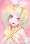  2016 blonde_hair blue_eyes bow closed_mouth cockia collarbone dated hair_ornament hairband hairclip head_tilt highres kagamine_rin kerchief looking_at_viewer no_pupils nude pink_background red_lips signature solo upper_body vocaloid wavy_hair white_bow 