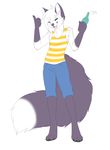  2014 akukun alcohol anthro beverage big_tail black_fur bottle canine clothed clothing eyes_closed food fox fur hair hutchyy male mammal shirt simple_background smile solo standing tank_top thumbs_up white_background white_fur white_hair 